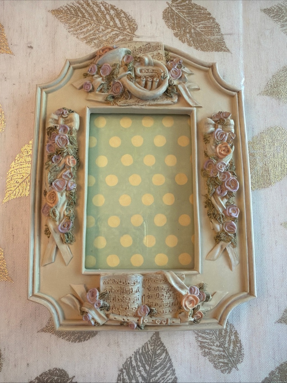 Decorative Cream Floral Photo Frame with Pastel Roses and musical instruments